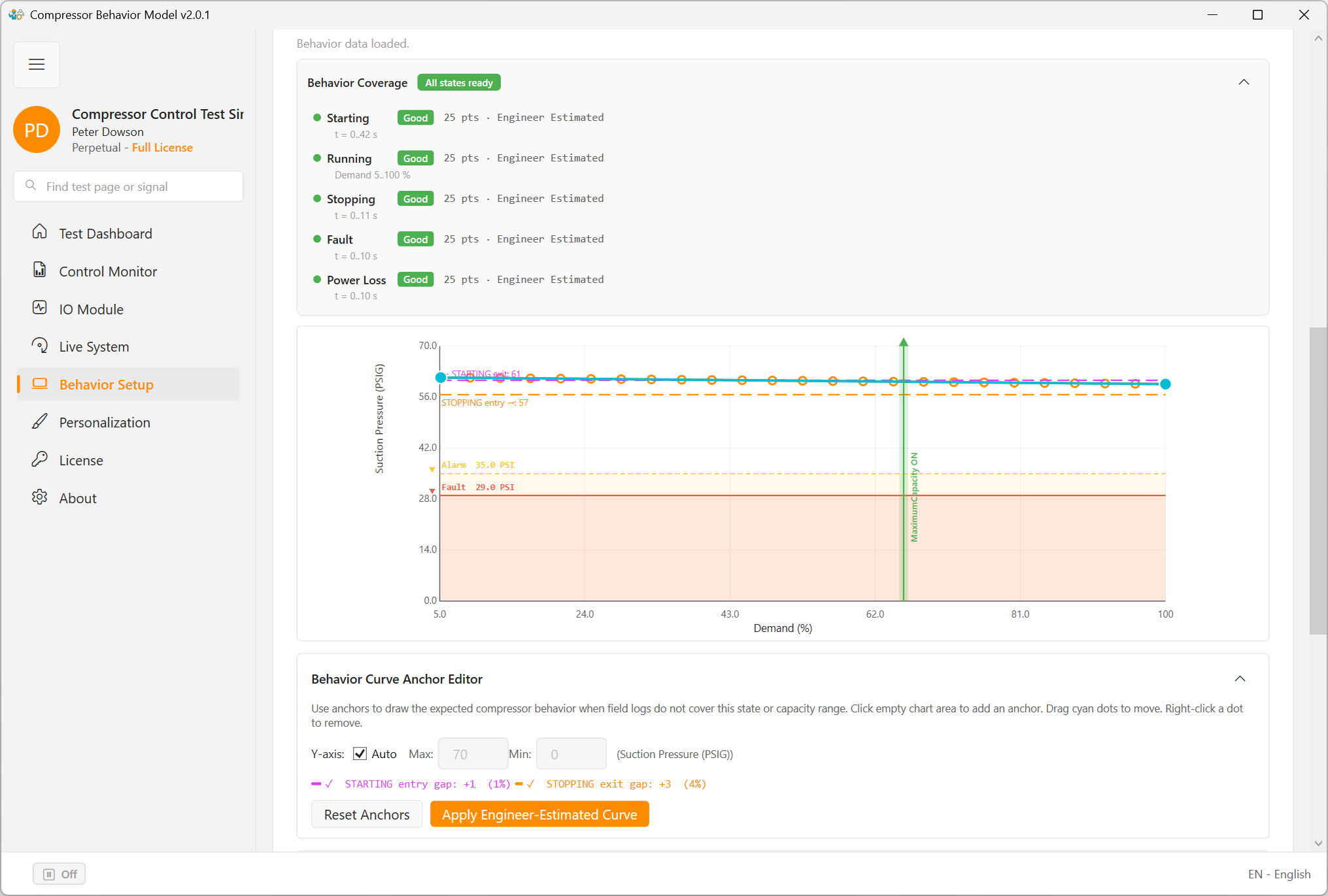 ModbusSim behavior setup workflow screen for compressor behavior modeling.