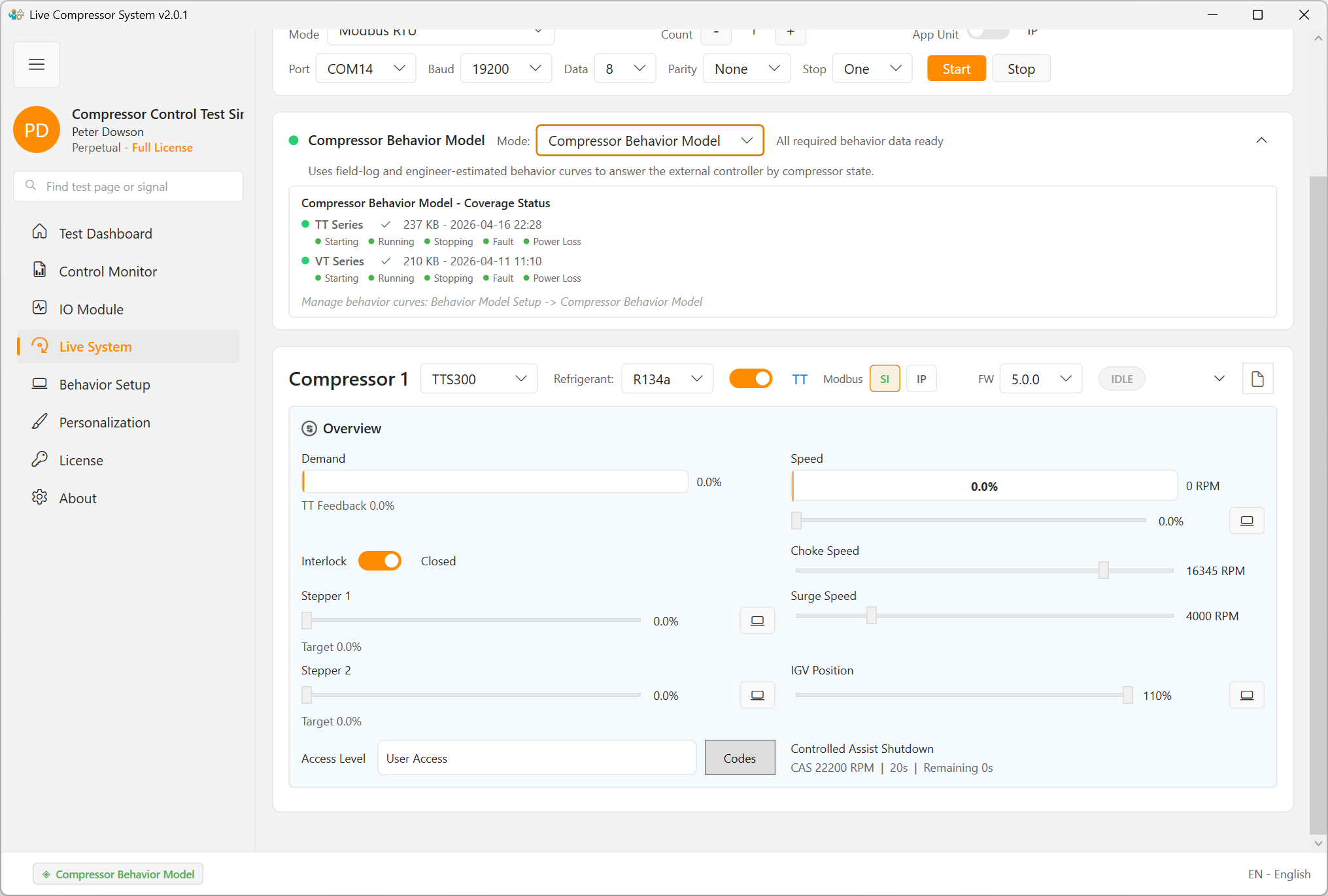 ModbusSim behavior training status screen for the behavior model workflow.