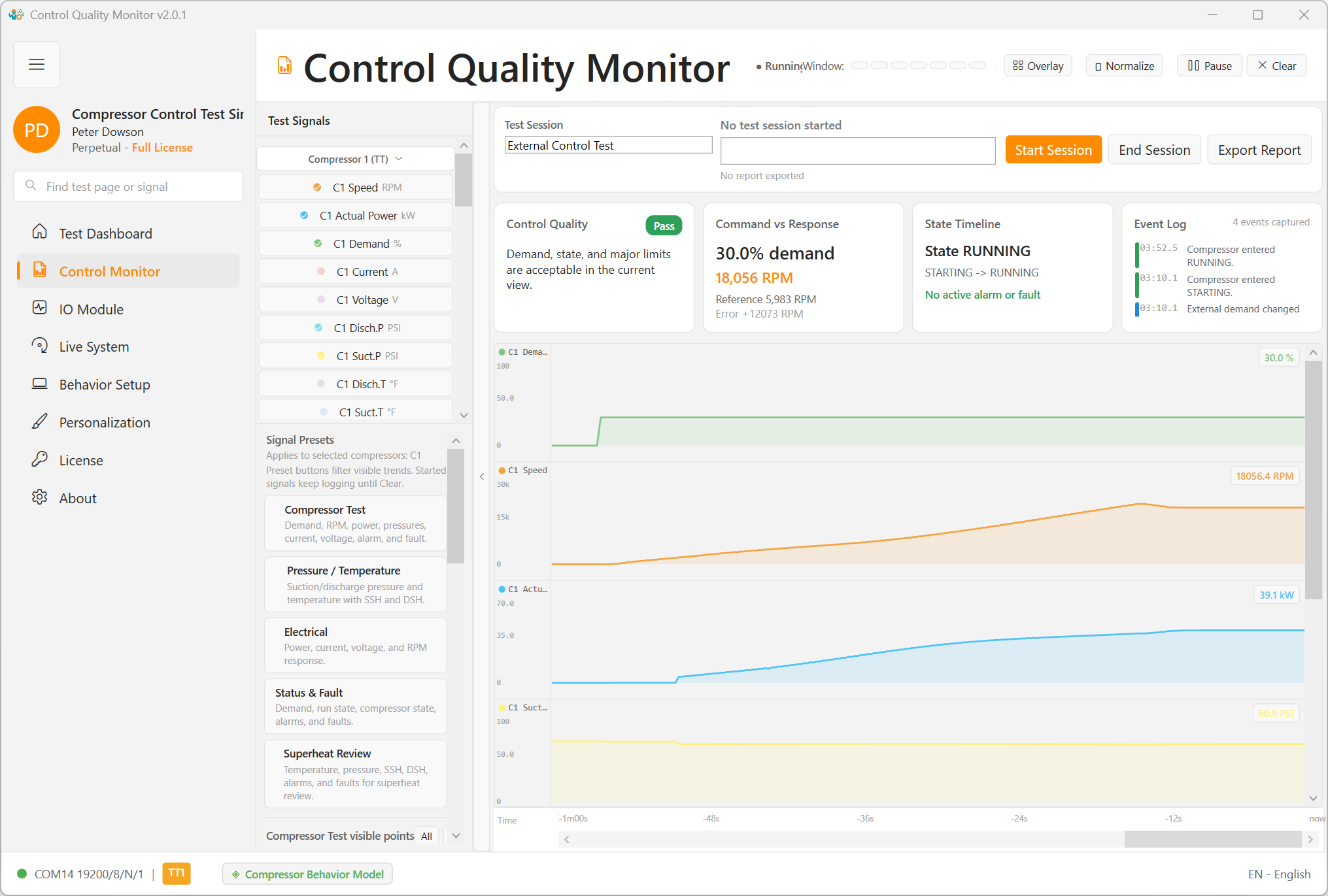 ModbusSim Control Quality Monitor with signal presets and live traces visible.
