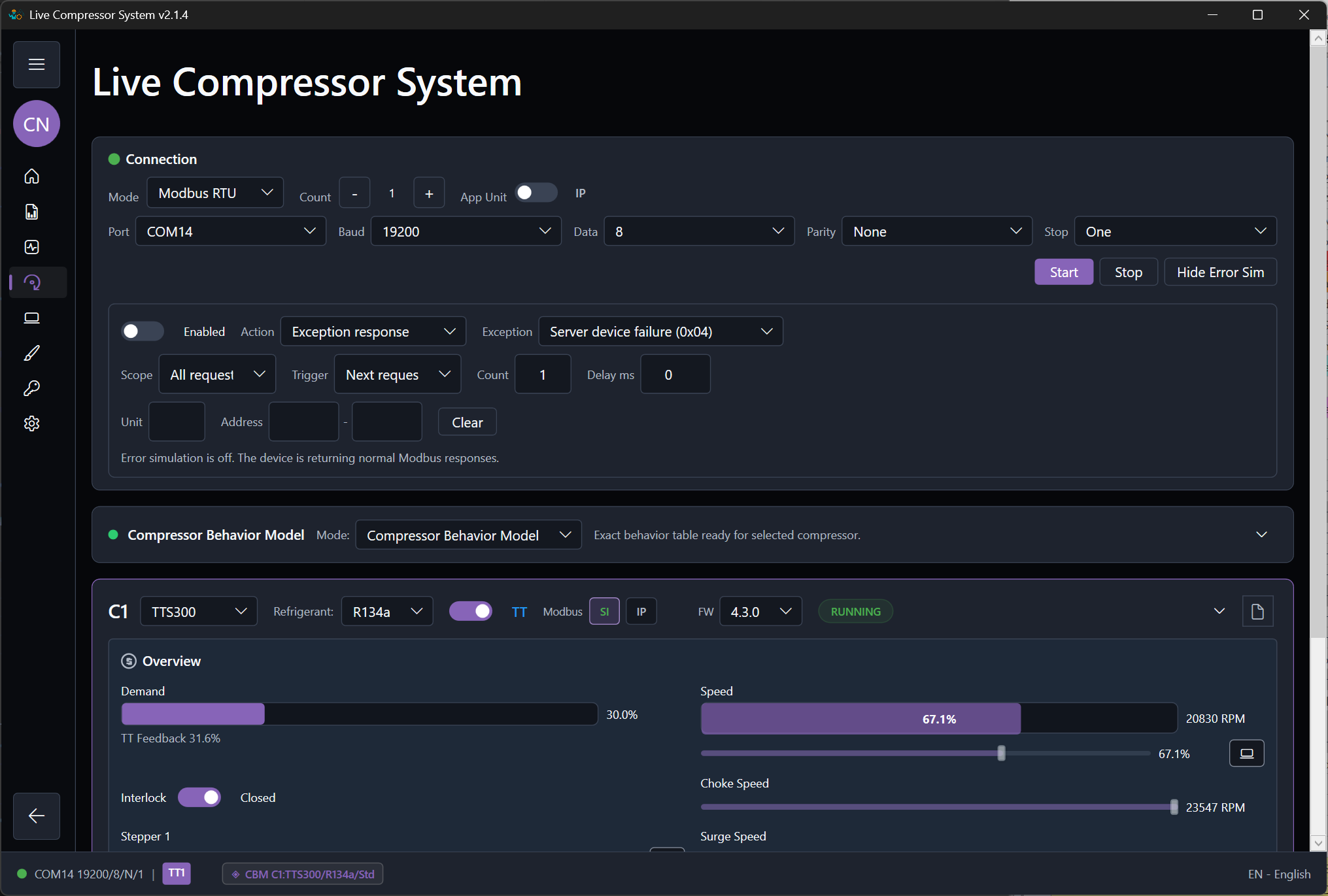 Live Compressor System de ModbusSim con configuración RTU, controles de simulación de errores, modelo de comportamiento seleccionado y valores del compresor en vivo.