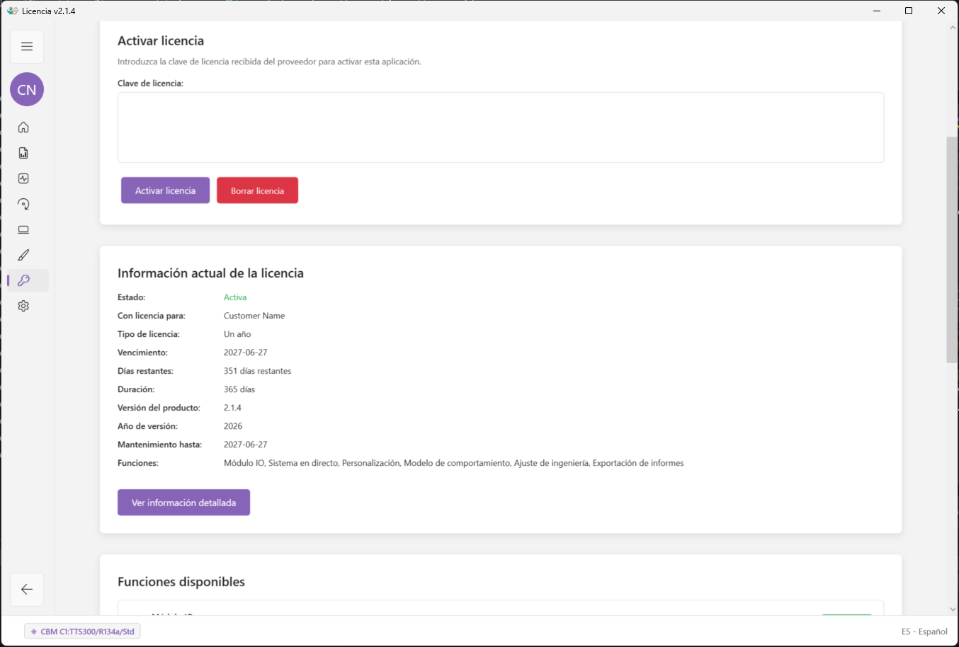 Página de licencia de ModbusSim usada para revisar licencia actual y funciones activas.