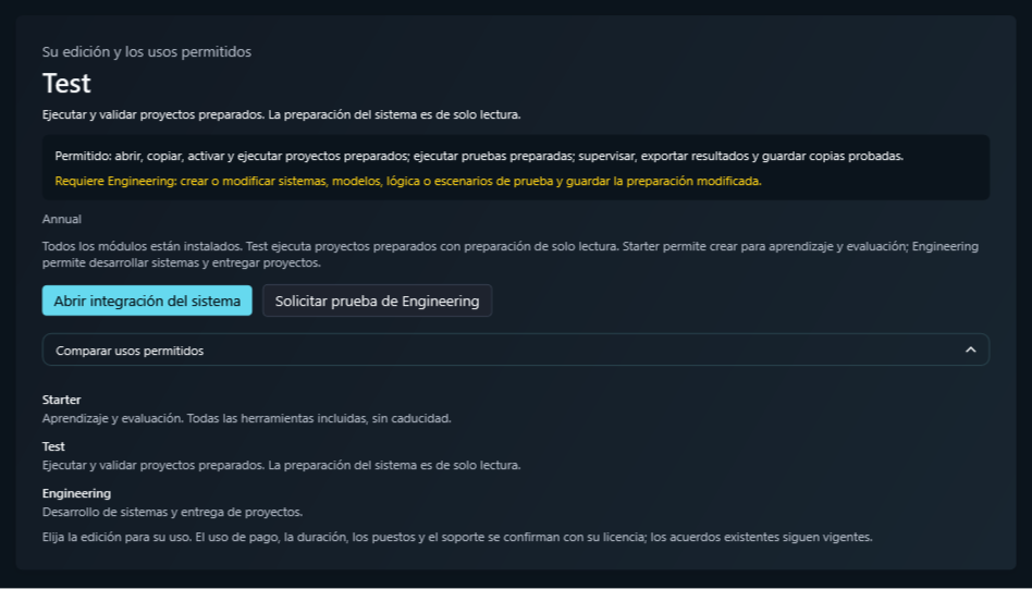 Permisos Test en ModbusSim: acciones permitidas y acciones que requieren Engineering. No se muestra ninguna clave de cliente.