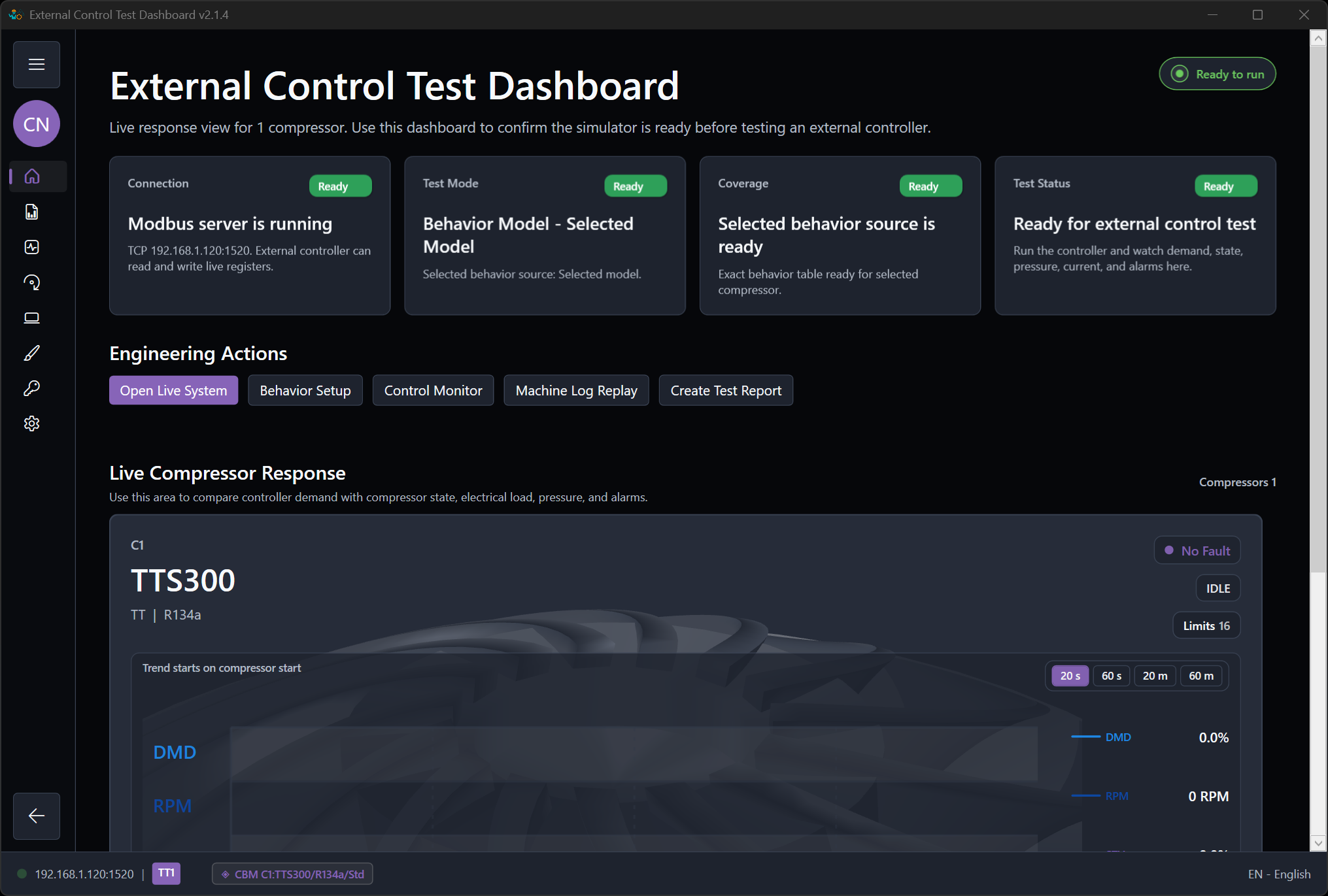 Tablero External Control Test de ModbusSim con tarjetas de preparación y acciones de ingeniería.