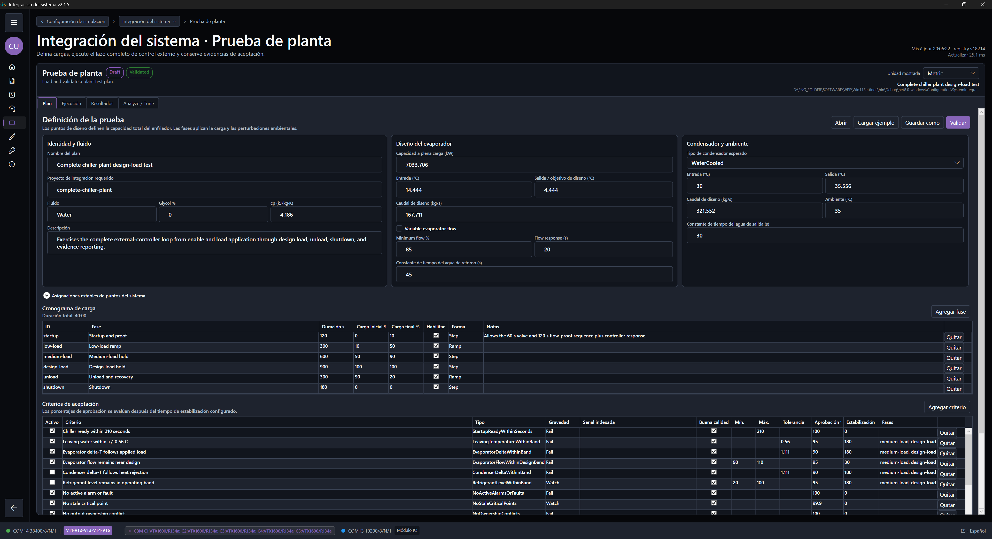Definir el escenario Plant Test del proyecto y los criterios