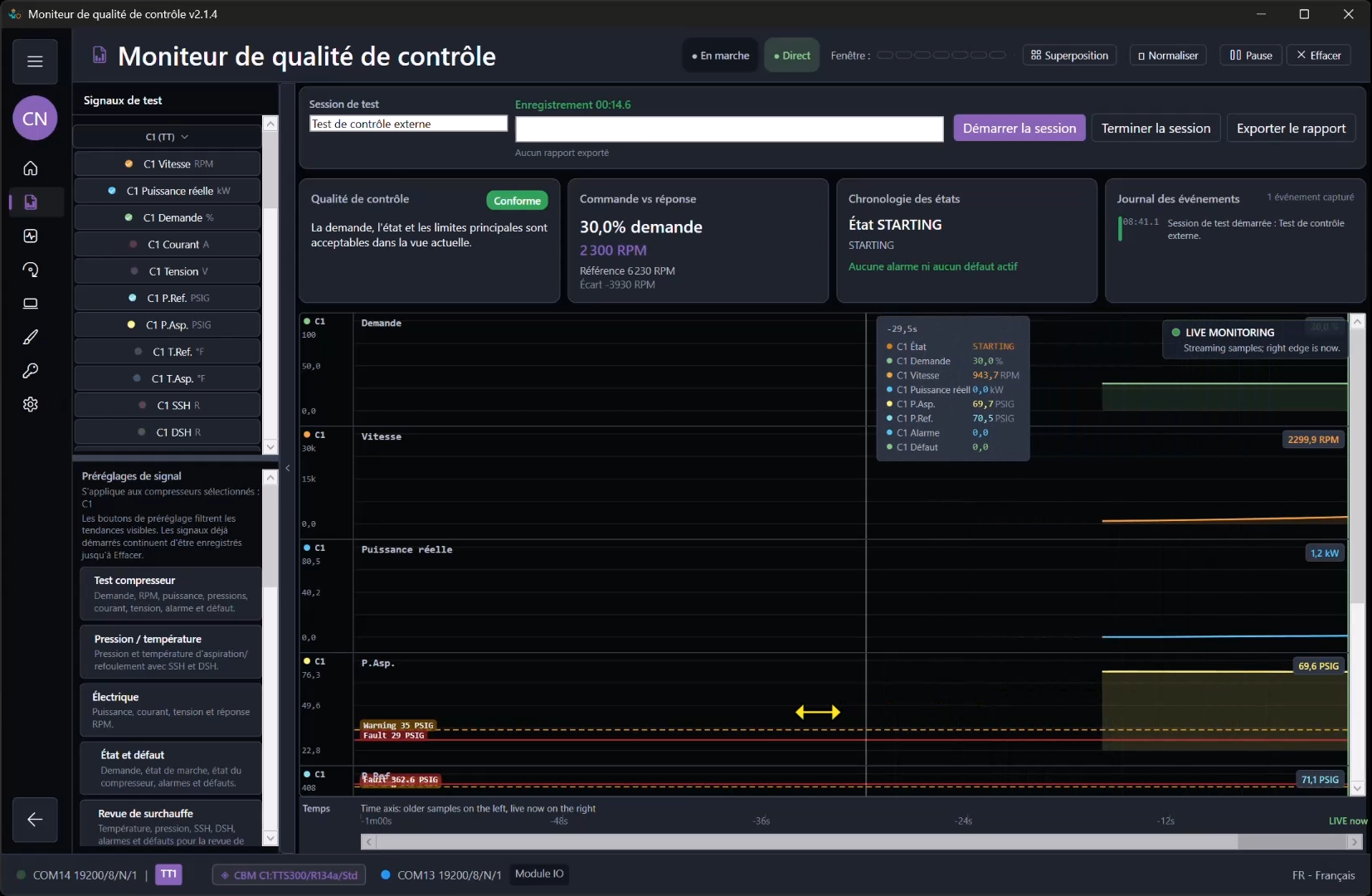 Control Quality Monitor de ModbusSim montrant les détails de session, commande versus réponse, chronologie des états, journal d'événements et tendances en direct.