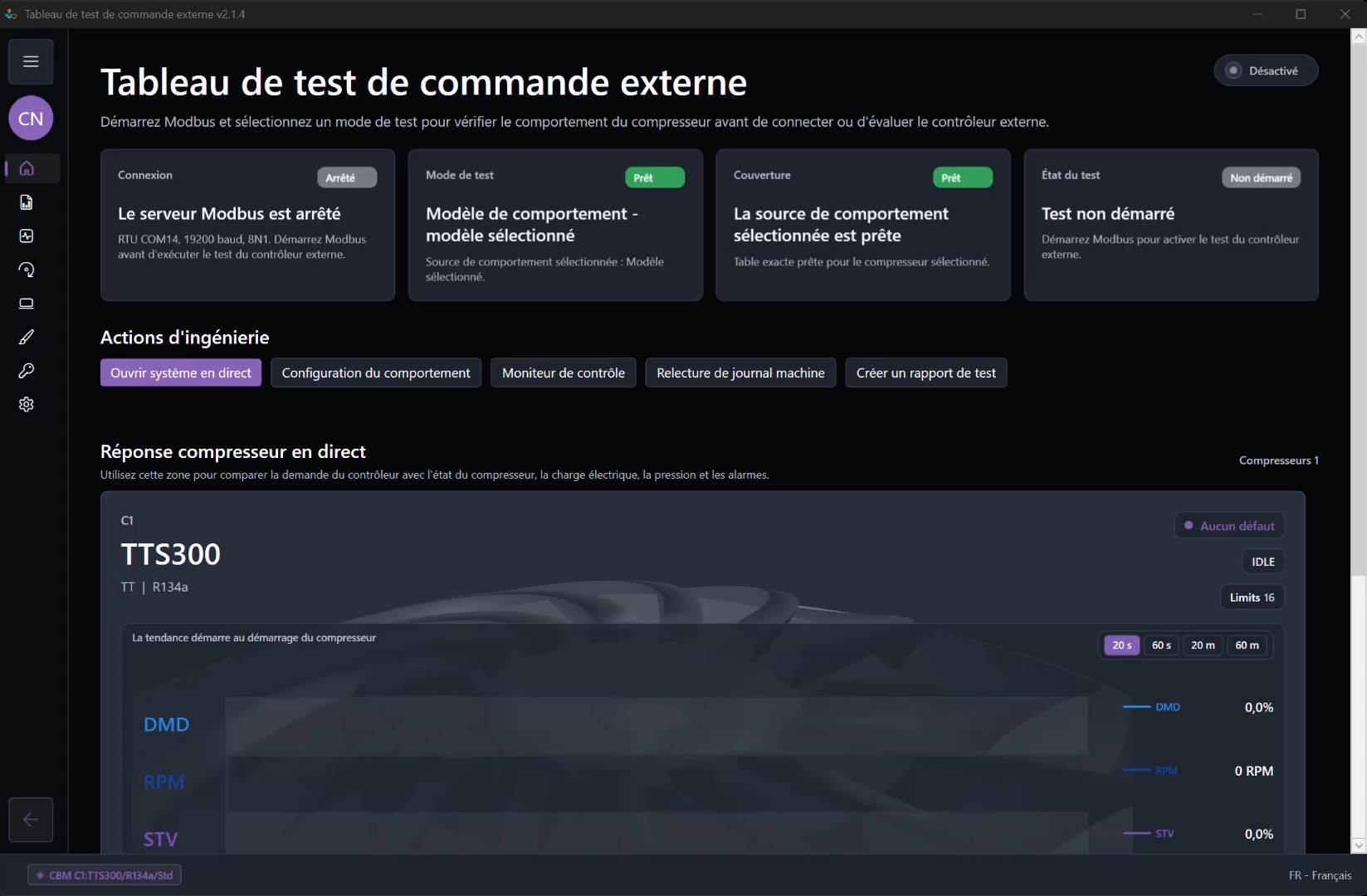 Tableau de bord External Control Test de ModbusSim montrant l'état activé, les cartes de préparation, les actions d'ingénierie et la réponse compresseur en direct.