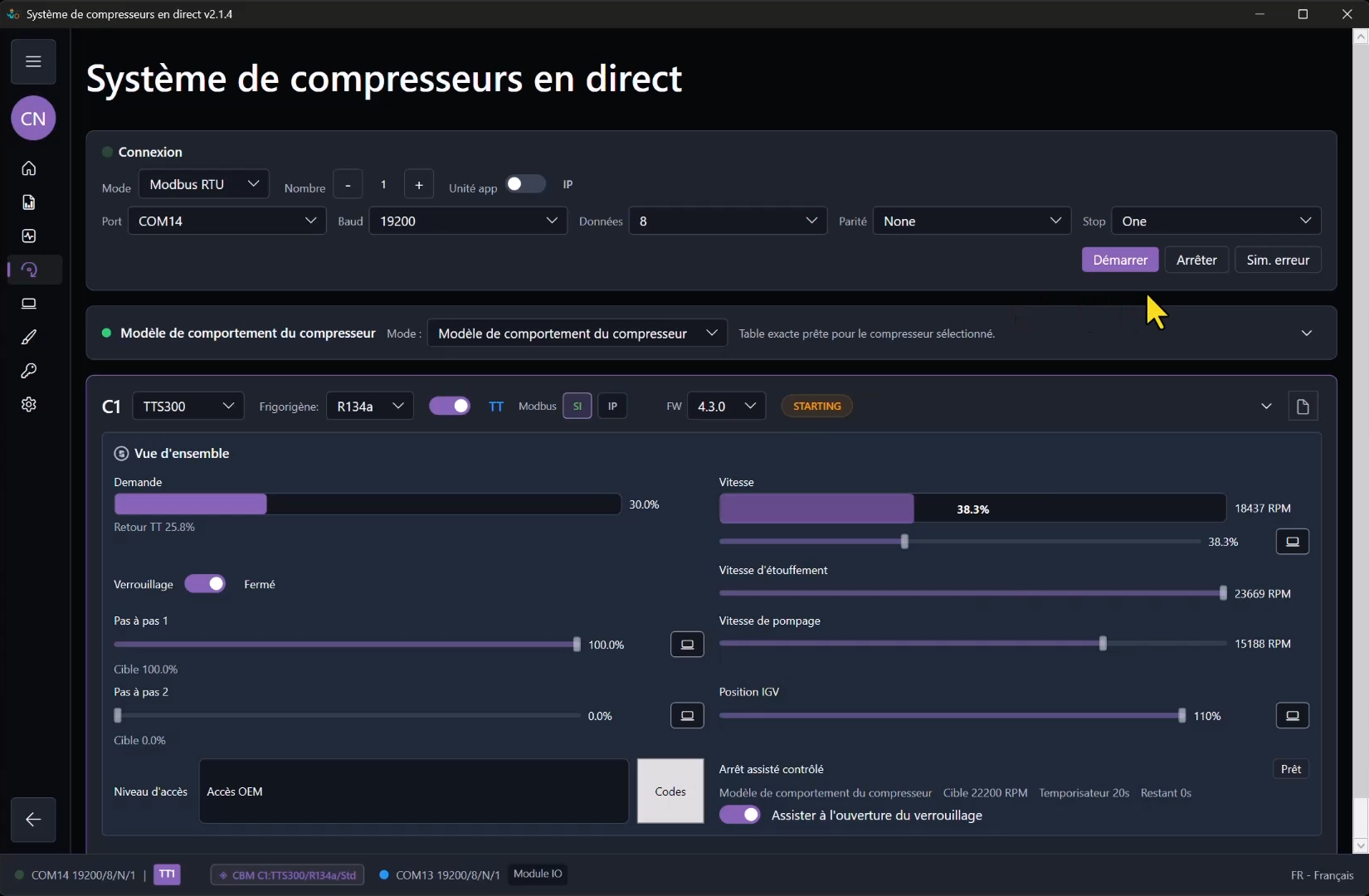 Live Compressor System de ModbusSim montrant les paramètres RTU, les contrôles de simulation d'erreurs, le modèle sélectionné et les valeurs du compresseur en direct.
