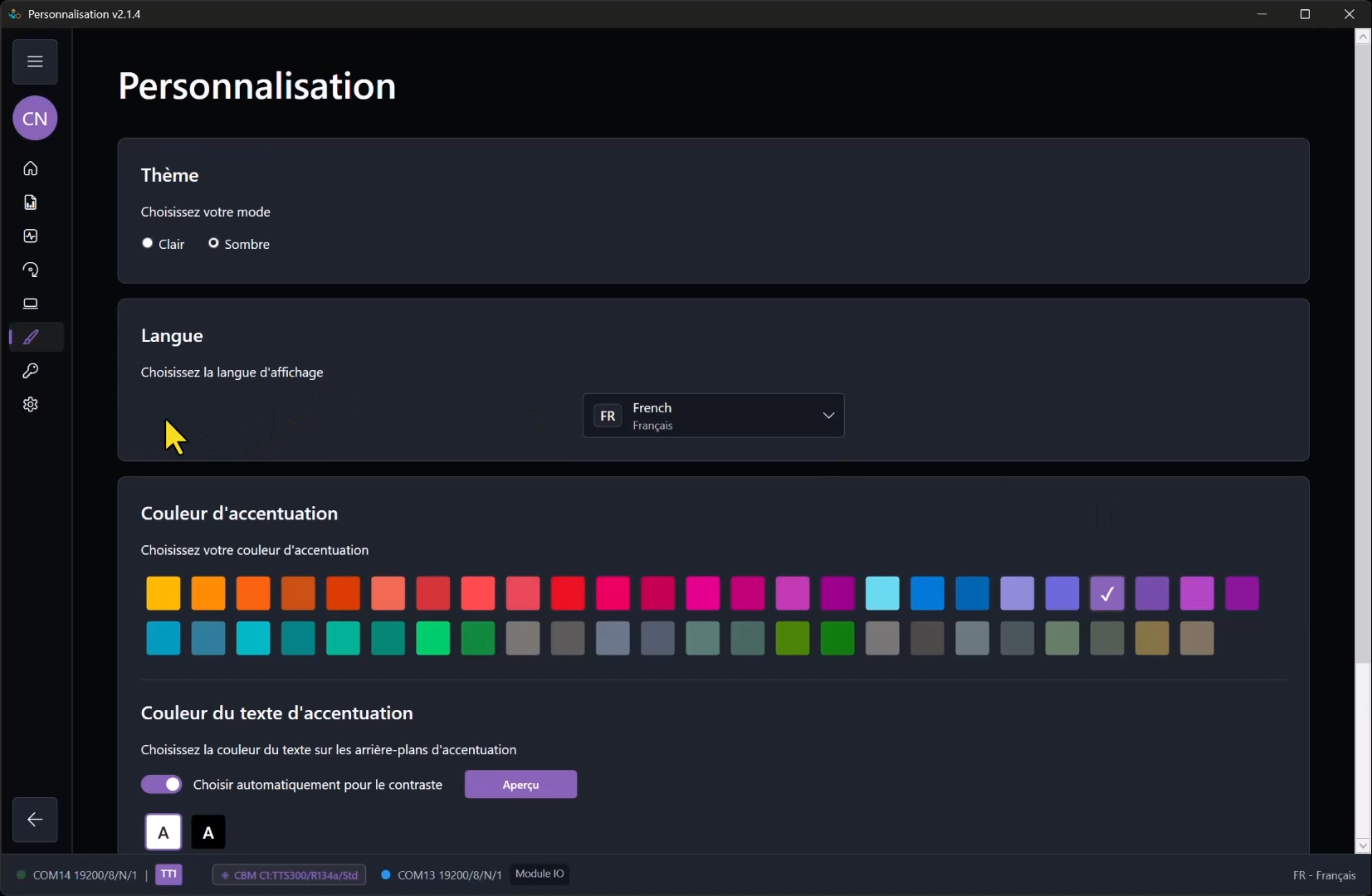 Page de personnalisation ModbusSim avec le français sélectionné comme langue de l'application.