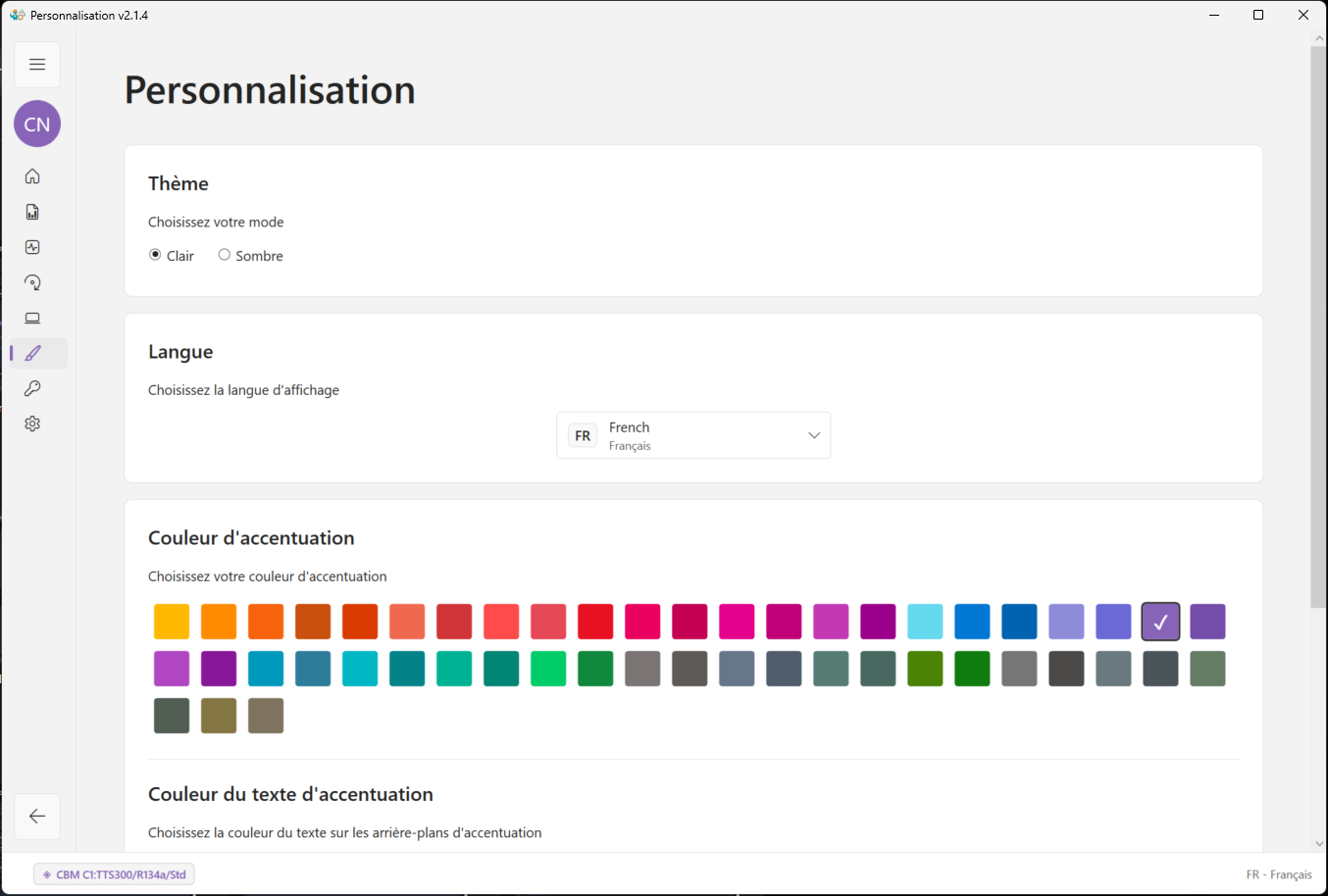 Page de personnalisation ModbusSim montrant les langues d'application disponibles.