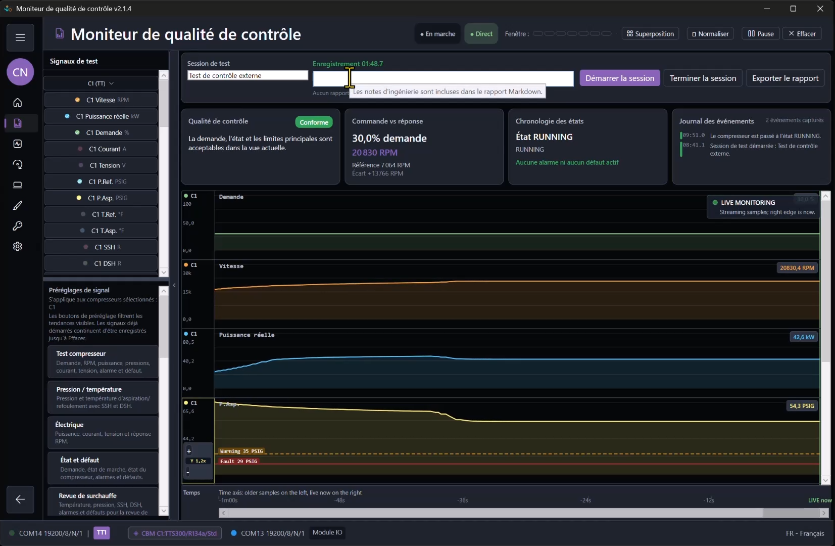 Control Quality Monitor de ModbusSim montrant la surveillance en direct, commande versus réponse, chronologie des états, journal d'événements et traces de tendance.