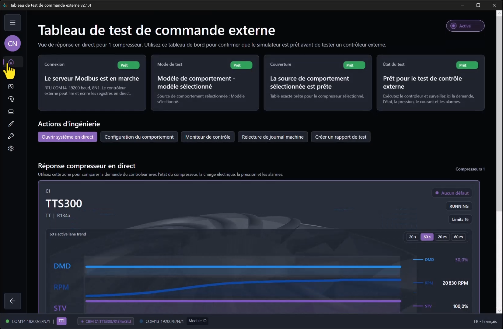 Tableau de bord External Control Test de ModbusSim montrant la connexion prête, le modèle de comportement sélectionné, la couverture et l'état d'essai.