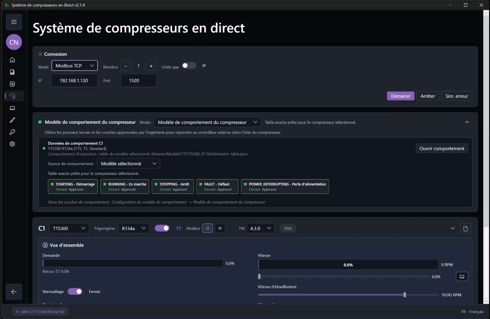 Live Compressor System de ModbusSim montrant les paramètres de connexion Modbus TCP et le modèle de comportement sélectionné.