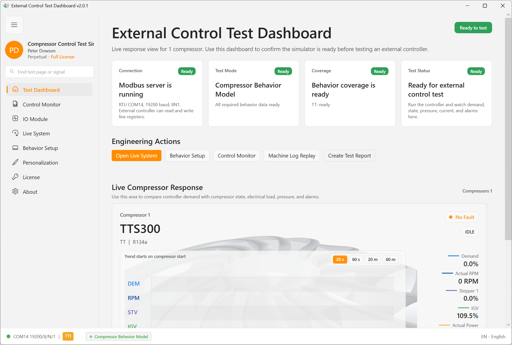 ModbusSim dashboard ready for the first Quick Start workflow.