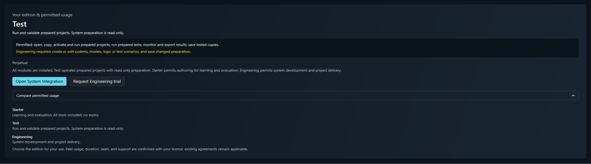 Test permissions in ModbusSim: permitted actions and actions requiring Engineering. No customer key is shown.