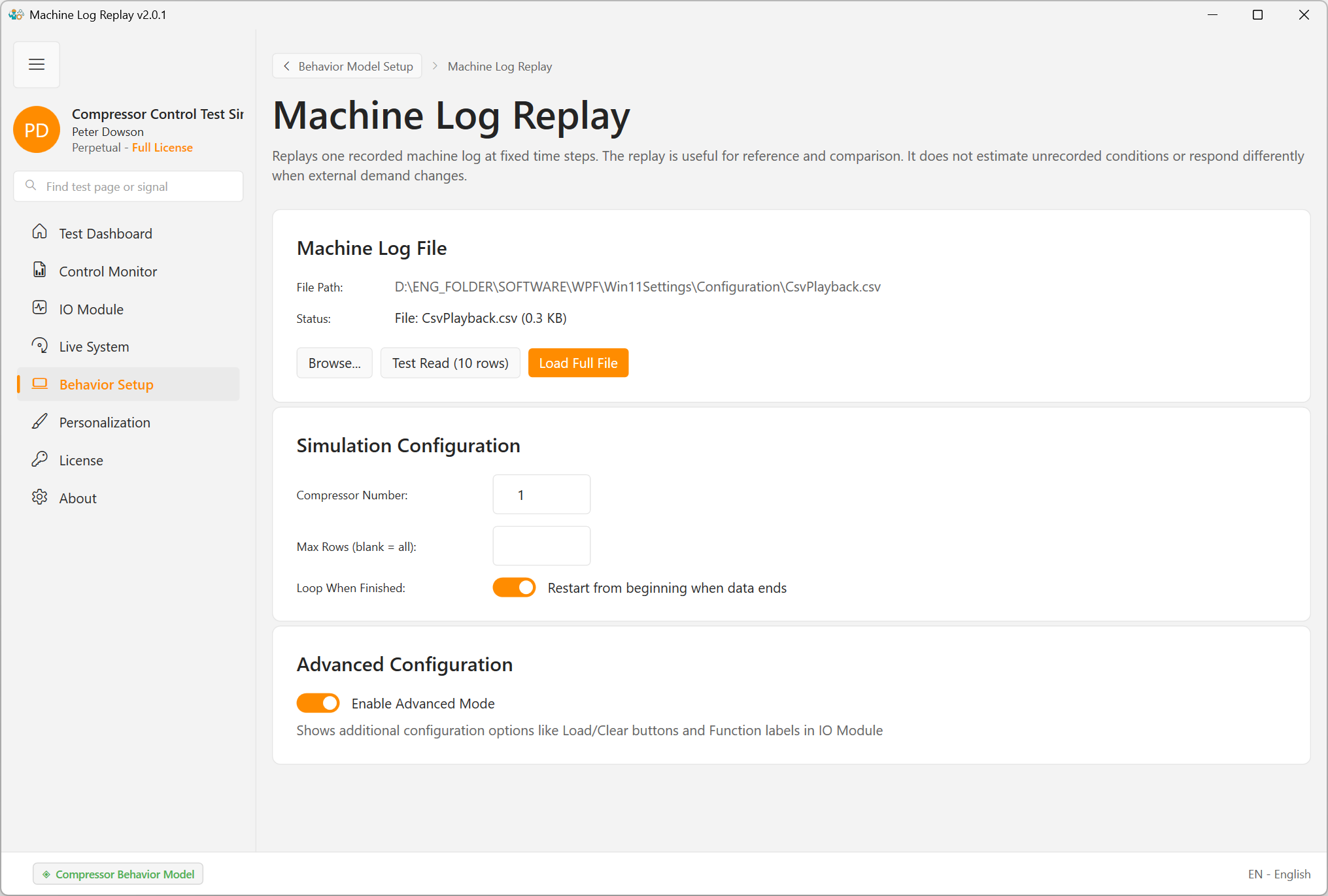 ModbusSim Machine Log Replay screen with a replay file loaded and active mode visible.