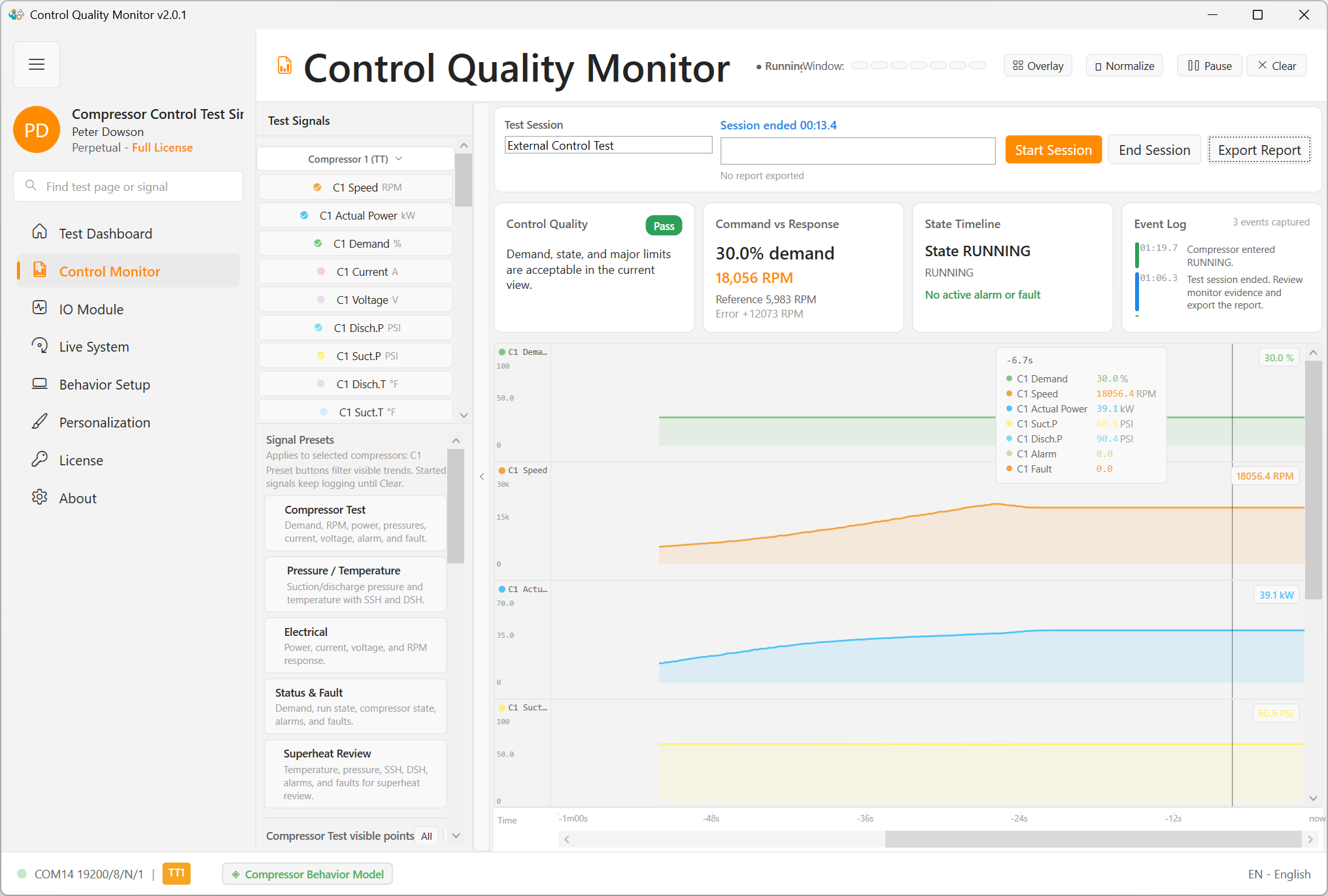 ModbusSim report export workflow from the Control Quality Monitor.