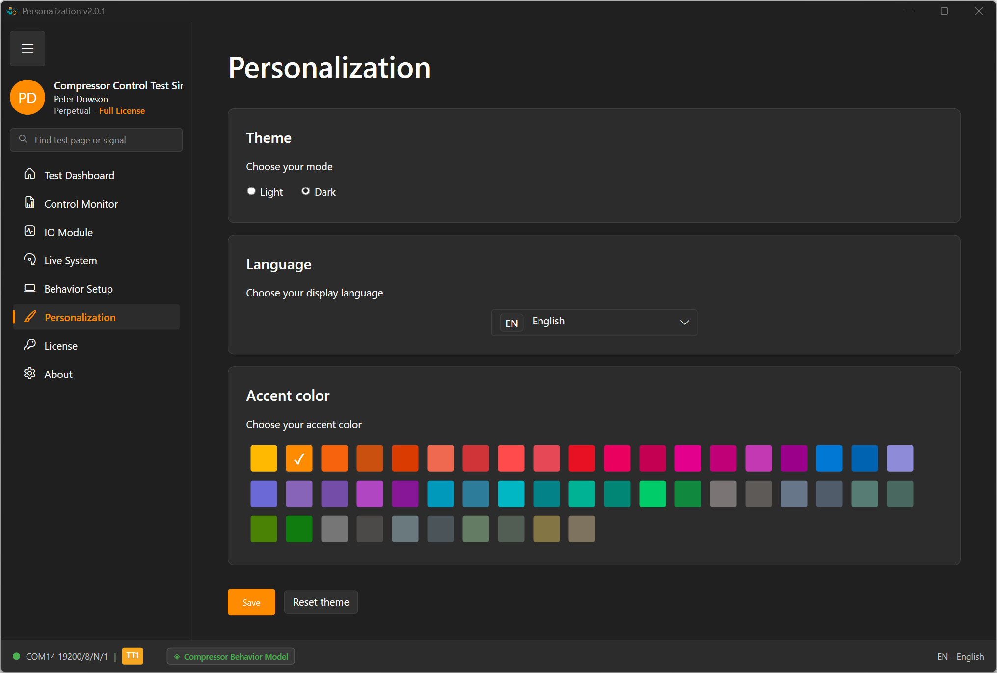 ModbusSim personalization page showing the dark theme option.