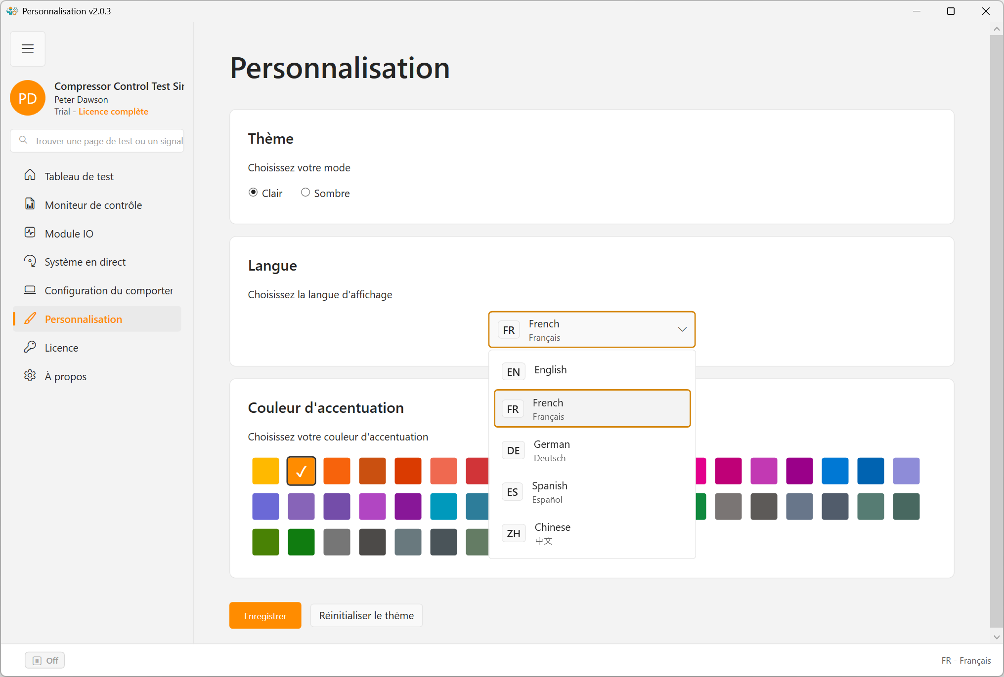 ModbusSim personalization page with French selected as the application language.
