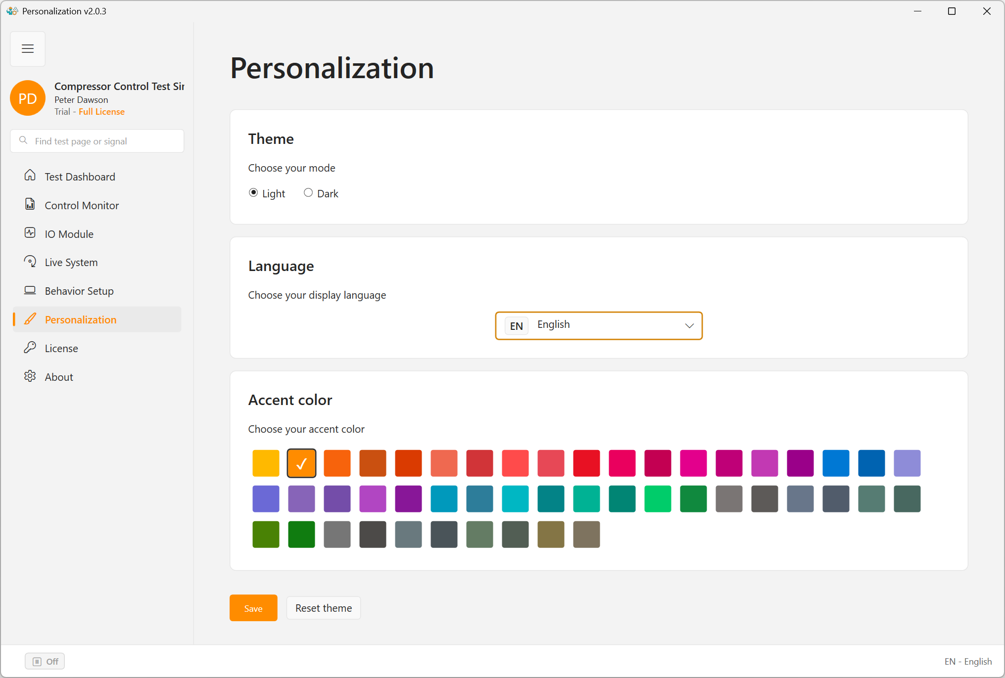ModbusSim personalization page showing available application languages.