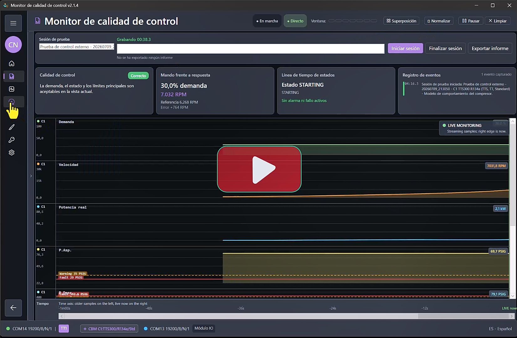 Flujo de exportación de reporte ModbusSim desde Control Quality Monitor.