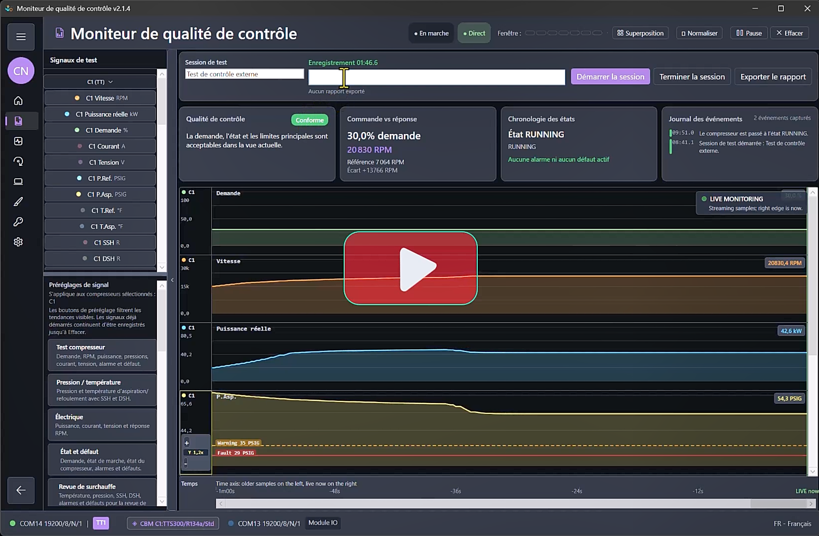 Workflow d'export de rapport ModbusSim depuis le Control Quality Monitor.